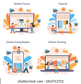 Director de servicio en línea o conjunto de plataformas. Idea de gente creativa y profesión. Director de cine o televisión que lidera un proceso de filmación. Consulta en línea, foro, tutorial, formación. Ilustración del vector