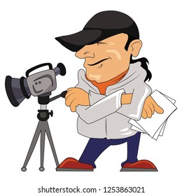 Director producer movie maker script in hand with movie camera in front taking a shot camera man