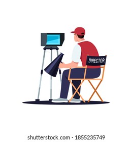 Director semi flat RGB color vector illustration. Movie filming crew member. Fim creation process. Special effects. Famous plot creator isolated cartoon character on white background