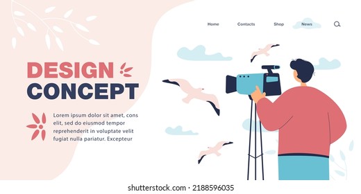 Director shooting birds in sky flat vector illustration. Man recording video of flying seagulls on camera. Occupation, seascape concept for banner, website design or landing web page