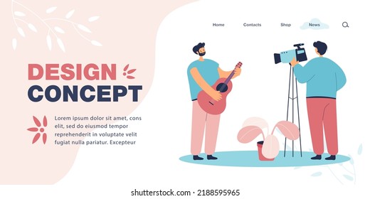 Director shooting guy playing guitar flat vector illustration. Musician recording new song for his album. Occupation, art concept for banner, website design or landing web page