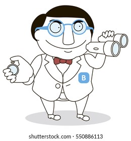 The director is standing with a stopwatch and looking through binoculars. Monitoring the effectiveness of the employee.	