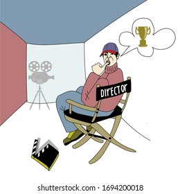 El director está chupando sus ideas para una nueva película desde el dedo, soñando con recompensa. Está sentado en una silla plegable en la habitación con una cámara y una tabla de papel de cine. Ilustración vectorial en estilo caricatura.