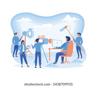 Director watching on screen. Cameraman with equipment. Sound technicians. flat vector modern illustration 