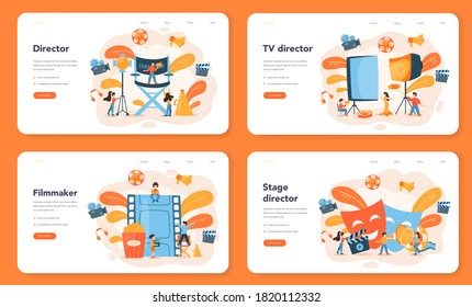 Director web banner or landing page set. Idea of creative people and profession. Movie or tv director leading a filming process. Film making equipment. Isolated vector illustration