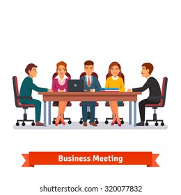 Directors Board Business Meeting. People In Chairs At The Big Desk Talking, Brainstorming Or Negotiating. Flat Style Vector Illustration Isolated On White Background.