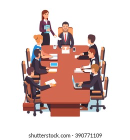 Directors board meeting. Business executives people working together in conference room at big desk. Flat style color modern vector illustration.