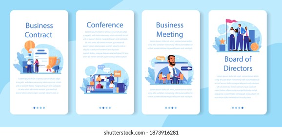 Directors board mobile application banner set. Business planning and development. Brainstorming or negotiating process. Isolated flat vector illustration