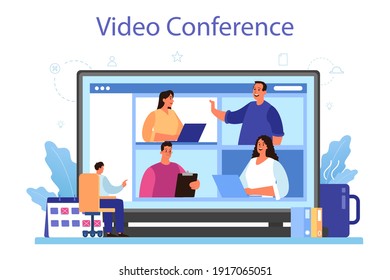 Directors Board Online Service Or Platform. Business Planning And Development. Brainstorming Or Negotiating Process. Online Video Conference. Flat Vector Illustration