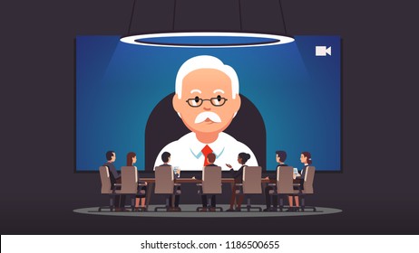 Directors board people talking to corporate company owner & ceo via video conference on big screen. Corporation leadership chief executive round table boardroom meeting flat vector illustration