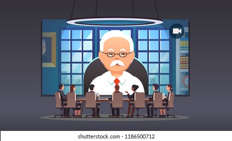 Directors board people talking to corporate company owner & ceo via video conference on big screen. Corporation leadership chief executive round table boardroom meeting flat vector illustration