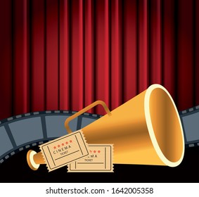 directors chair and cinema tickets over Red cinema curtains background, colorful design, vector illustration