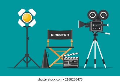 Directors' chair with a megaphone, a projector, a camera and a carriage. Work on the film set. Flat vector cartoon illustration. Objects isolated on a green background.