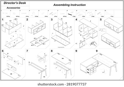 Director's Desk Assembly Instruction Manual with Exploded View and Step-by-Step Furniture Installation Guide