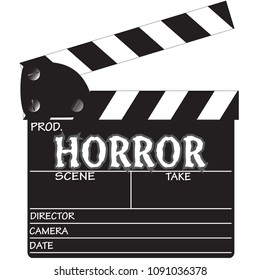 A director's 'Horror' clapper board isolated on a white background