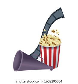 directors megaphone with pop corn bucket and film reel over white background, vector illustration