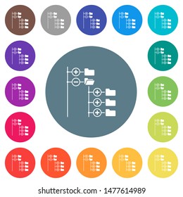 Directory browser flat white icons on round color backgrounds. 17 background color variations are included.