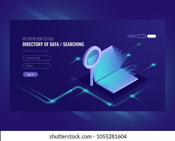 Directory of data, information serching result, book with magnifying glass, search engine optimization, information technologies isometric vector ultraviolet