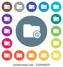 Directory email flat white icons on round color backgrounds. 17 background color variations are included.