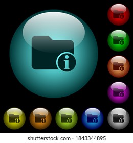 Directory info icons in color illuminated spherical glass buttons on black background. Can be used to black or dark templates