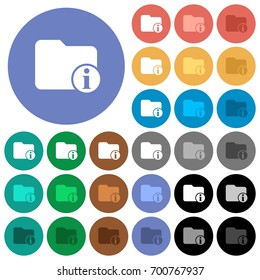 Directory info multi colored flat icons on round backgrounds. Included white, light and dark icon variations for hover and active status effects, and bonus shades on black backgounds.