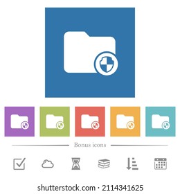 Directory protection flat white icons in square backgrounds. 6 bonus icons included.