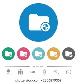 Directory protection flat white icons on round color backgrounds. 6 bonus icons included.
