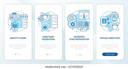 Directory services blue onboarding mobile app screen. Data storage walkthrough 4 steps editable graphic instructions with linear concepts. UI, UX, GUI template. Myriad Pro-Bold, Regular fonts used