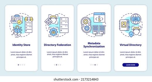 Directory services onboarding mobile app screen. Data storage walkthrough 4 steps editable graphic instructions with linear concepts. UI, UX, GUI template. Myriad Pro-Bold, Regular fonts used