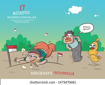 dirgahayu or celebration indonesia independence day, sack race cartoon illustration, bhinneka tunggal ika mean unity in diversity, landscape background