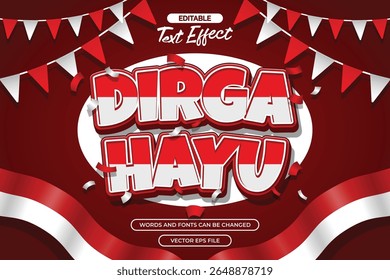 Dirgahayu editable text effect with red and white cartoon text style and with Indonesian flag decoration