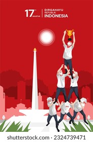 Dirgahayu Indonesia Independence Day Poster With Man Teamworking