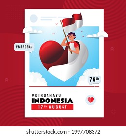 Dirgahayu Indonesia and merdeka means Indonesia's independence day with youth flying red and white flag illustration