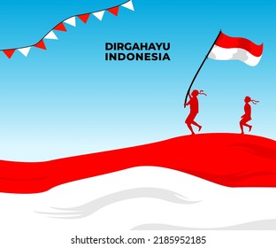 Dirgahayu Indonesia, silhouettes of children running around carrying Indonesian flags, Indonesian Independence Day concept.17 August