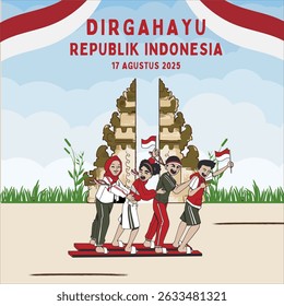 Dirgahayu Republik Indonesia – 4 Versi Desain (Happy Anniversary Republic of Indonesia – 4 Design Versions). Colorful vector showing traditional Independence Day celebrations.