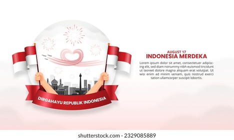 Fondo Dirgahayu Republik Indonesia con planos acrobáticos de papel cortado y silueta de edificios imagen y bandera