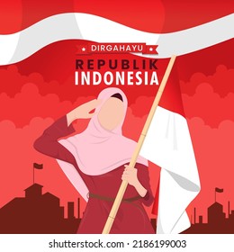 dirgahayu republik indonesia banner design. hijab girl cartoon holding indonesian flag