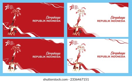 Dirgahayu Republik Indonesia independence day banner with panjat pinang illustration. 17 Agustus 2023 background. Suitable for social media post template. 