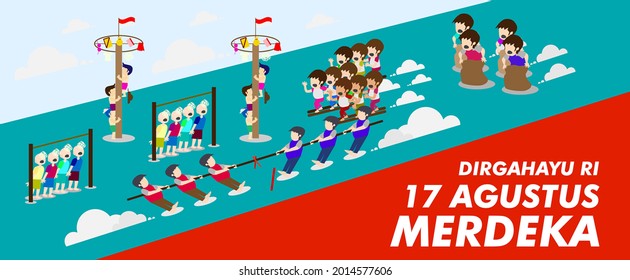 dirgahayu RI 17 agustus (August) is mean Indonesia Independence day banner template. Vector with red and white color and people carrying flags illustration