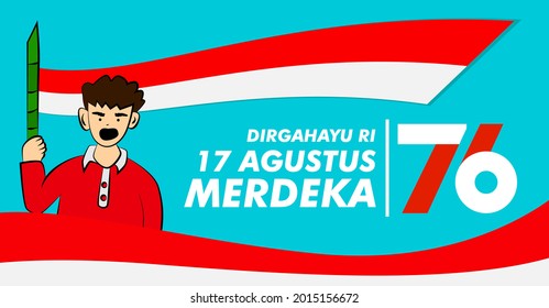 dirgahayu RI 17 agustus (August) is mean Indonesia Independence day banner template. Vector with red and white color and people carrying flags illustration