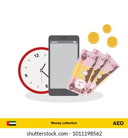 Dirham banknote. Time is money concept vector illustration.