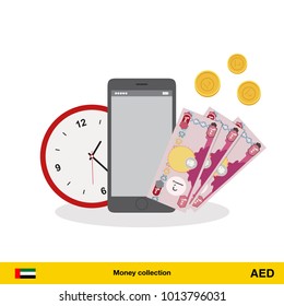 Dirham banknote. Time is money concept vector illustration.