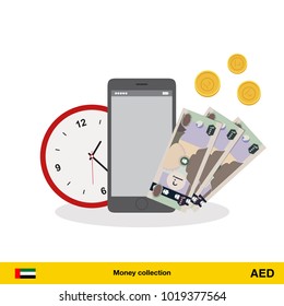 Dirham banknote. Time is money concept vector illustration.