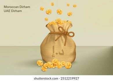 Dirham Gold Coins Falling in Sack of Bag. Realistic 3D gold coins. Vector Illustration Concept for Savings, Casino, Fortune, Profit etc.	