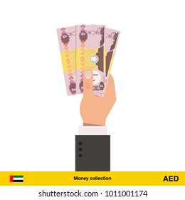 Dirham sign icon in hand three banknote art new big best illustration isolated cash