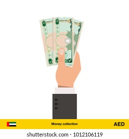 Dirham sign icon in hand three banknote art new big best illustration isolated cash