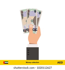 Dirham sign icon in hand three banknote art new big best illustration isolated cash