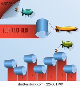 dirigible, airship pulls  color curled corners, timeline infographic.