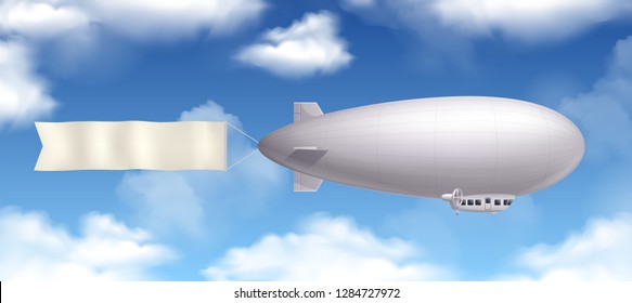 Dirigible airship realistic composition with banner and clouds in the sky vector illustration