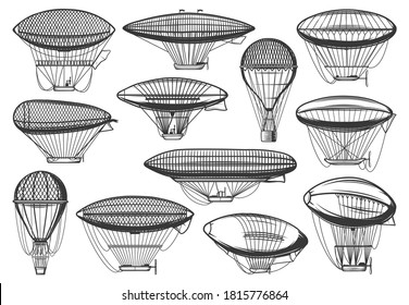 Dirigible airships and air balloon, aeronautics zeppelin aerotstats, vector icons. Vintage, steampunk dirigible airships and hot air balloons, old retro flight transport, aerostatics travel aircraft